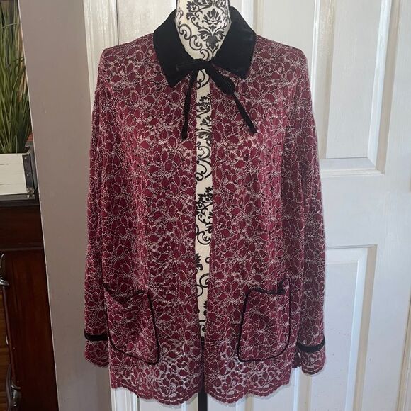 Logo lace with velvet collar open front jacket - Picture 1 of 7
